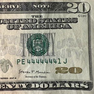 Banconota da venti dollari Seven of a Kind 4s numero di serie binario PE44444441J - Foto 1 di 7