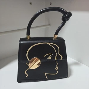 Black Abstract Face Mini Handbag – Gold Chain Strap, Structured Top Handle Purse - Picture 1 of 9