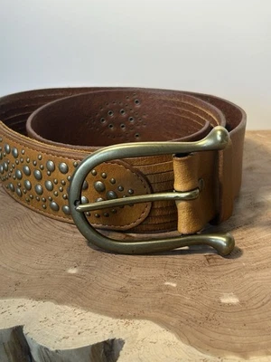 Linea Pelle Tan Leather Studded Belt Sz Medium Solid Brass Horseshoe Buckle - Image 1 of 4