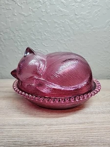 RARE  Indiana Glass Confections Kitten Cat Sleeping Candy Pink Dish Trinket Bowl - Picture 1 of 15