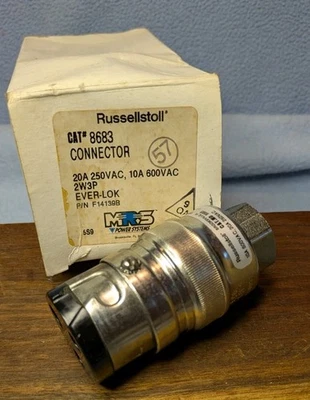 Nuevo de Lote Antiguo Russellstoll 8683 20A Conector Ever-Lok 20A 250VAC, 10A 600VAC, 2W3P Foto 1 de 4