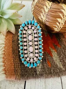 Navajo Sterling Silver, Turquoise & Queen Pink Conch Adjustable Ring - Picture 1 of 7