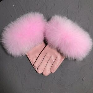 2023 leather gloves Winter women's warm artificial fur fashion