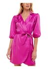 SPEECHLESS Womens Pink Pouf Sleeve Surplice Neckline Short Wrap Dress 1