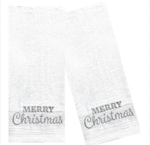 Bath Hand Towels 2 Piece Set White Silver Embroidery Merry Christmas Bathroom - Picture 1 of 1