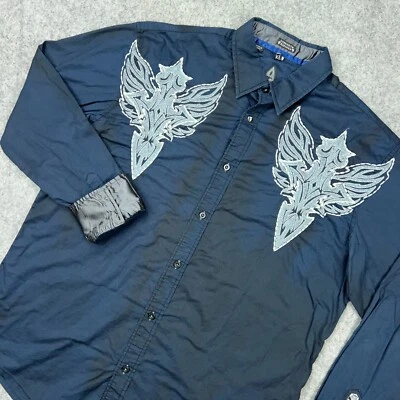 Roar Shirt Men XL Blue Black Strength Refined Flip Cuff Embroidered Y2K Buckle - Image 1 of 4