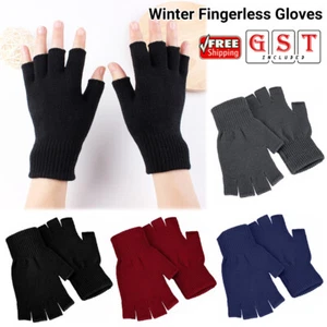 2x Winter Fingerless Gloves Open Finger Black Soft Warm Knitted Glove Unisex AU - Picture 1 of 27