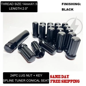 Fits Chevy GMC Silverado Sierra 1500 14x1.5 Black 7 Spline Lug Nuts 2" 24pc+Key - Picture 1 of 5