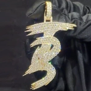 2 Ct Round Moissanite Men's Custom "TB" Letter Pendant 14k Yellow Gold Plated - Picture 1 of 2