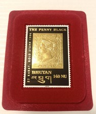 Francobollo THE PENNY BLACK 22 Karat Gold Stamp 1996 BHUTAN 140 NU