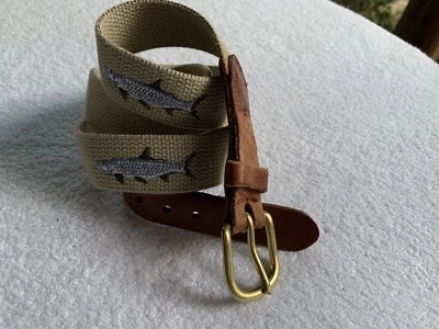 Leather Man Ltd Belt Mens 38 Embroidered Fish Brown Leather Canvas Brass USA - Image 1 of 4