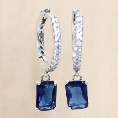Nuevos Pendientes Pandora Azul Rectangular Brillante Aro 292381C01 W Caja con Bisagras Foto 1 de 4