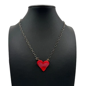 VTG Red Heart Nails Pendant Chain 24" Necklace Ceramic Handmade Unique Jewelry - Picture 1 of 9