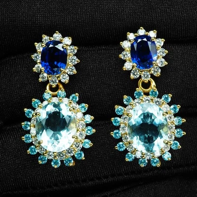 Blue Aquamarine & Blue Sapphire 10.05Ct 925 Sterling Silver 24K Gold Earrings - Image 1 of 4