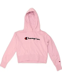 Champion Damen Crop Grafik Hoodie Pullover UK 14 Medium Rosa Baumwolle CO04 - Bild 1 von 3