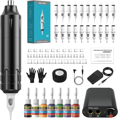 Solong Tattoo Kit - Rotatry Tattoo Pen Machine Set with 10 Cartridge Needles, 7
