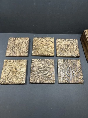 Hand Carved Wood Coaster Set of 6 w/ Box – Tree of Life Rustic Boho Decor - Image 1 of 4