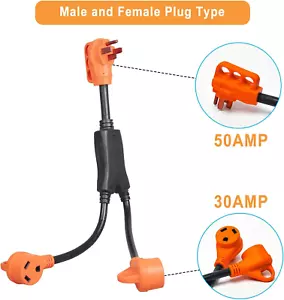 RV Y Adapter 50 Amp 14-50P Male to (2) 30 Amp TT-30R Female with Handle - Foto 1 di 5