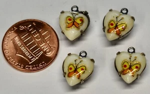DE COLECCIÓN 4 CORAZONES DE VIDRIO BLANCO CON LATÓN MARIPOSA PINTADO/IMPRESO NARANJA/AMARILLO - Imagen 1 de 2