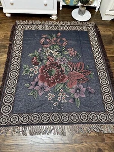 Vintage 100% Cotton Floral Tapestry 50x60” Throw With Fringes - Picture 1 of 10