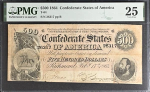 T-64 $500 1864 Confederate States of America CSA PMG25 Very Fine - Picture 1 of 3