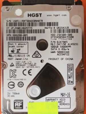 ⭐️⭐️⭐️⭐️⭐️ HDD Hard Drive SATA Laptop 2.5" HGST HTS545050A7E680 500GB J47805 - Image 1 of 3