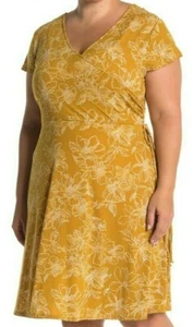 West Kei Faux Wrap Day Dress Plus Size 3X Mustard Yellow Floral NWT $86 - Picture 1 of 4