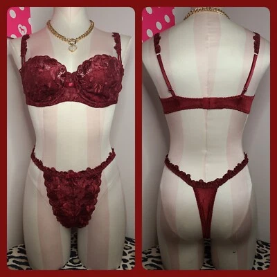 New Vtg Victoria's Secret Second Skin Embroidery Bra/ Panty Set 34C/sm - image 1 of 4