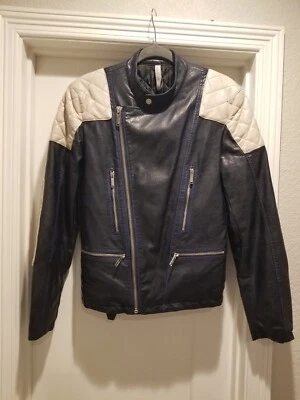 Chaqueta de motociclista de cuero azul y blanco ZARA PARA HOMBRE PEQUEÑA correa con hebilla Moto ¡BONITA!! Foto 1 de 4