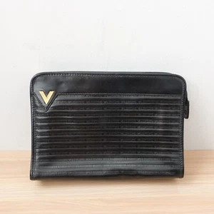Vintage VALENTINO Bag Black Leather V Logo Clutch Italian Purse Italy MARIO - Picture 1 of 21