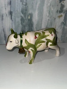 Vintage Sparschwein in Form einer Kuh mit grünen Blättern und einer Glocke am Hals - Bild 1 von 7
