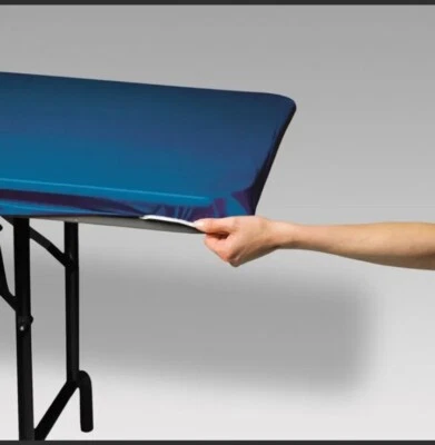 Blue 6' Banquet Stay Put Elastic Fitted Plastic Tablecloth Tableware 29"x72" - Image 1 of 2