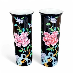 " Sheraton " Chinoiserie Policromo Fioritura Albero Cilindro Vaso Paio,Wood & - Picture 1 of 14