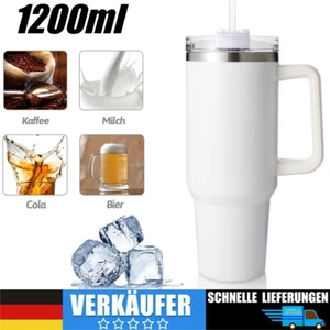 Thermobecher mit Strohhalm 1200ml Trinkbecher Isolierbecher Edelstahl ToGo weiß - Bild 1 von 14