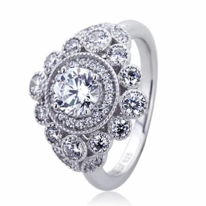 14mm Platinum Plated Silver 1ct CZ Halo Vintage Wedding Engagement Ring - Picture 1 of 3