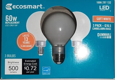 NEW 60W G16.5 Dimmable ENERGY STAR CEC LED Filament Light Bulb Soft White 3 Pack - Image 1 of 2