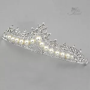 Pearl Clear Crystal Rhinestone Tiara Crown Bridal Wedding Party Pageant 9523 New - Picture 1 of 5