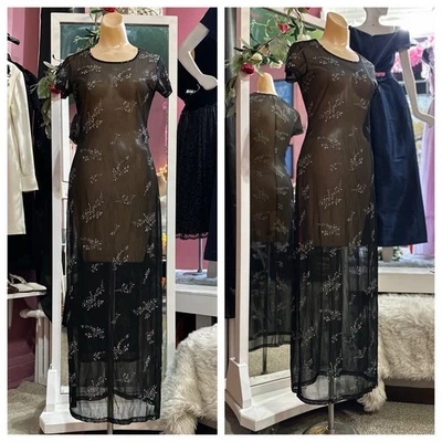 Vintage 90s Sheer Floral Maxi Dress Black Grunge Goth Whimsy Romantic XS/S - Image 1 of 4