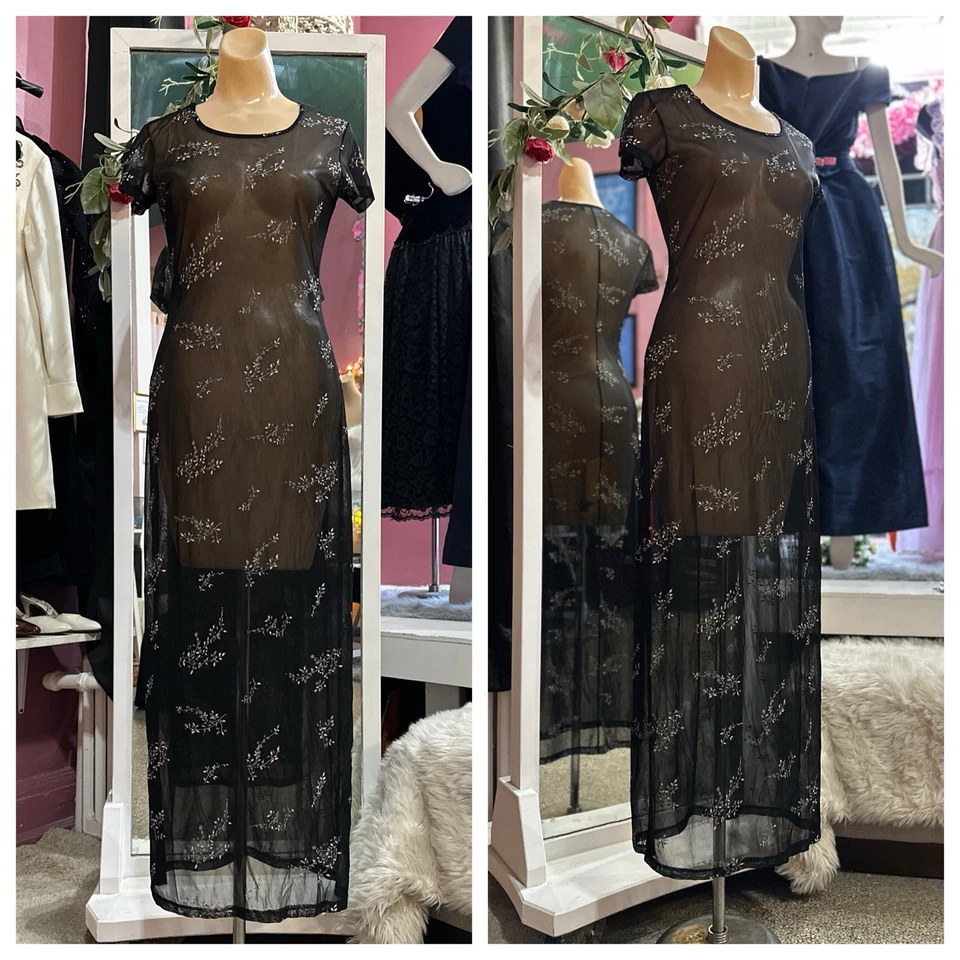 Maxi Vestido Floral Transparente Vintage Años 90 Negro Grunge Gótico Caprichoso Romántico XS/S Foto 1 de 4