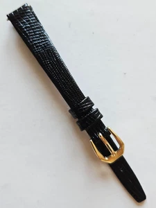 10mm - Black Lizard Pattern Genuine Leather Watch Band - (Gold Buckle / with Pin - Picture 1 of 3