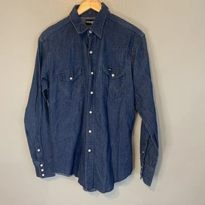 Camisa Wrangler De Colección Hombres L 16.5x35 Trabajo Denim Perla Snap Western Años 90 Hecha en EE. UU. - Imagen 1 de 17