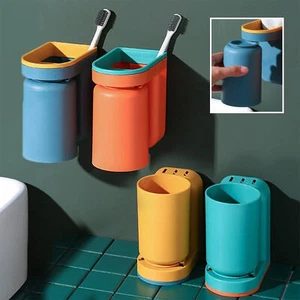 Toothbrush Holder Wall Mounted with Cup,Stick-on ToothbrushHolder for Bathroom - Picture 1 of 15