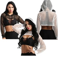 Women Mesh Fishnet Hollow Out Crop Top Long Sleeve Hoodie Pullover Blouse TShirt