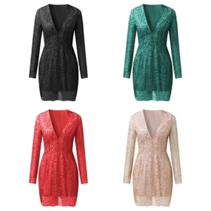 Long Sleeve Sheer Sequined Mesh Bodycon Short Dress with Low Neck for Parties - Picture 1 of 31