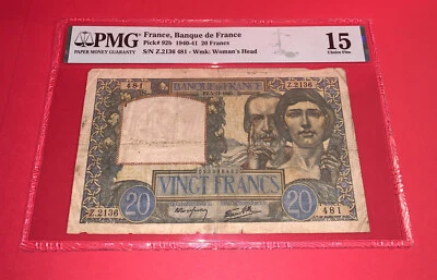 PMG France, Banque de France 20 Francs 1940-41 p92b Choice Fine 15 - Image 1 of 4