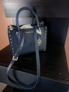 MICHAEL KORS MAPLE SM Satchel in Navy Leather handBag with Gold Studs NWT$358 - Picture 1 of 9
