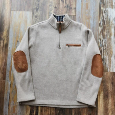 The Territory Ahead Wool Blend Leather Trim Elbow-Patch Sweater 1/4 Zip Beige M - Image 1 of 4