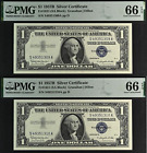 1957b $1 Silver Certificate Pmg 66epq 2 Consecutive Blue Seal Sa Block Fr 1621
