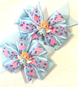 Beautiful Angel in a Blue Dress inspired set of pigtail hairbows - Picture 1 of 2