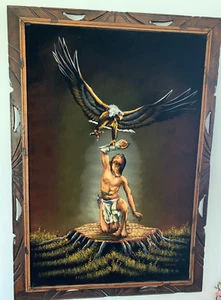 Mid-Century Velvet Art By Ernesto Sanchez. Eagle & American Indian "Falconer" - Picture 1 of 17